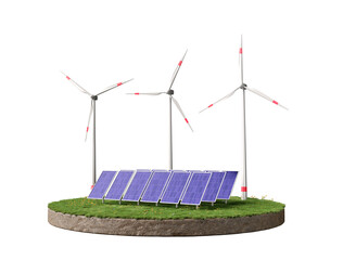 concept of solar panel energy and 3d land and wind turbine background. photovoltaic solar panel energy. 3d render illustration. photovoltaic, solar panel © boommaval