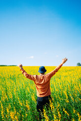 Rear view of a happy freedom man raising his hands up in nature yellow flower field.