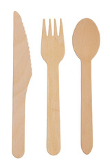Disposable Wooden Flatware made of Bamboo isolated on white background