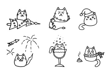 Doodle illustration with cute Christmas cats. vector illustration