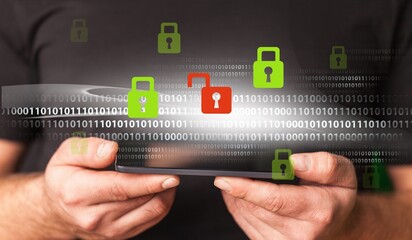 Human hand holding icon of Padlock on Smartphone.