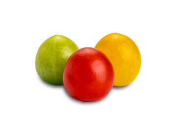 Side view multi colored freshly harvested organic cherry tomatoes isolated on white background with...