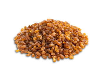 High angle view pile of dry sweet organic crystal caramel isolated on white background with clipping path.
