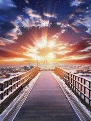 Sunset over the bridge. Sunset paintings and wooden bridges with snow-white on the bridge. Beautiful pictures of  landscape.