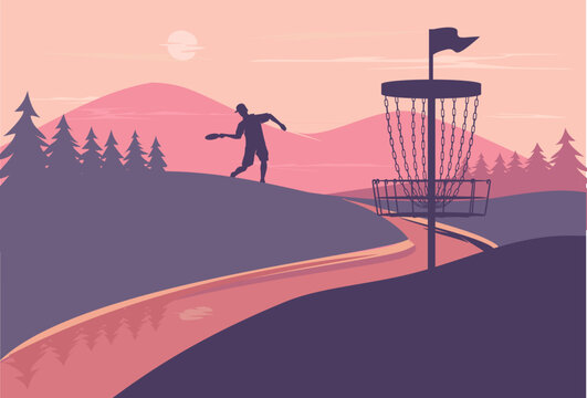 Fabulous  illustration of discgolf sport with great scene of nature in the background best for your digital graphic and print design
