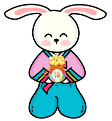 Fototapeta na wymiar male rabbit wearing hanbok holding gold coins lucky bag