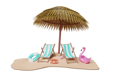 Fototapeta premium summer travel with beach chair, palm leaf, umbrella, lifebuoy, Inflatable flamingo isolated. shopping summer sale concept, 3d illustration or 3d render