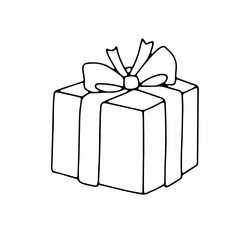Doodle outline gift box with bow. Hand drawn line illustration isolated on white background. Surprise for Christmas or birthday