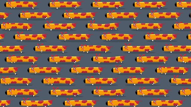 Sausage dog cartoon characters wallpaper walking on gray background. 