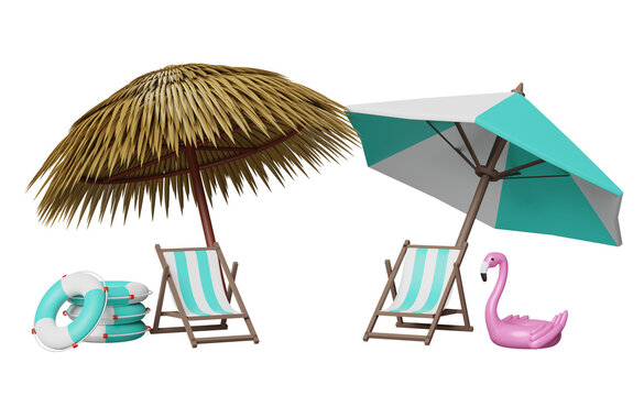 summer travel with beach chair, palm leaf, umbrella, lifebuoy, Inflatable flamingo isolated. shopping summer sale concept, 3d illustration or 3d render