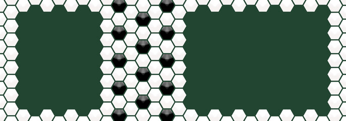 Two Frames Embossed Black and White Hexagon on Dark Green Backgrounds. Abstract Pattern Football. Abstract Tortoiseshell. Abstract Honeycomb
