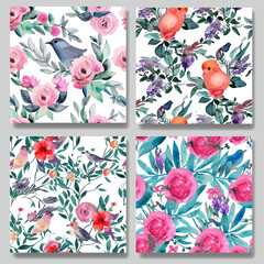 Bird, flower, leaf, branch. Hand drawn watercolor vector illustration. Vintage pattern.
