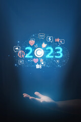 2023 business concept, business people set goals to create an online communication network, global...
