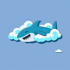 Cute Shark Sleep on a Cloud. KAWAII Stylish Comic Stamp. Flat Minimalist Design Art. For UI, WEB, Novel, Game, AD, Poster