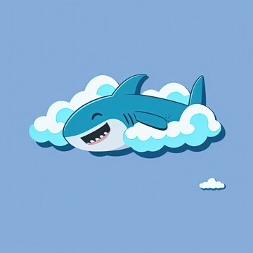 Cute Shark Sleep On A Cloud. KAWAII Stylish Comic Stamp. Flat Minimalist Design Art. For UI, WEB, Novel, Game, AD, Poster