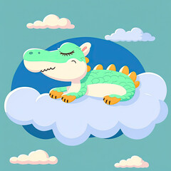Cute Crocodile Sleep on a Cloud. KAWAII Stylish Comic Stamp. Flat Minimalist Design Art. For UI, WEB, Novel, Game, AD, Poster