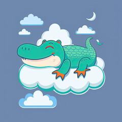 Fototapeta premium Cute Crocodile Sleep on a Cloud. KAWAII Stylish Comic Stamp. Flat Minimalist Design Art. For UI, WEB, Novel, Game, AD, Poster
