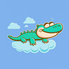 Cute Crocodile Sleep on a Cloud. KAWAII Stylish Comic Stamp. Flat Minimalist Design Art. For UI, WEB, Novel, Game, AD, Poster