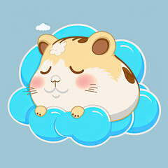 Cute Hamster Sleep on a Cloud. KAWAII Stylish Comic Stamp. Flat Minimalist Design Art. For UI, WEB, Novel, Game, AD, Poster