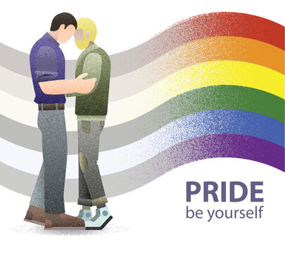 Gay couple in romantic relationship. Man embrace friend. Family relationship flat design, vector particles, grain effect