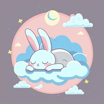 Cute Rabbit Sleep on a Cloud. KAWAII Stylish Comic Stamp. Flat Minimalist Design Art. For UI, WEB, Novel, Game, AD, Poster © Uomi