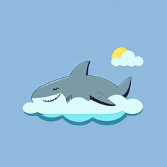 Obraz premium Cute Shark Sleep on a Cloud. KAWAII Stylish Comic Stamp. Flat Minimalist Design Art