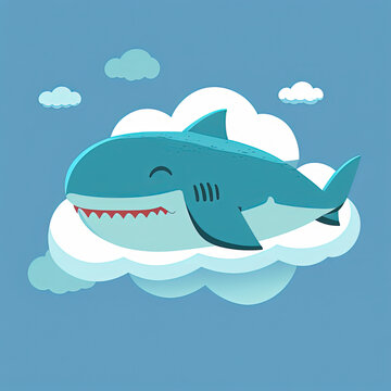 Cute Shark Sleep On A Cloud. KAWAII Stylish Comic Stamp. Flat Minimalist Design Art. For UI, WEB, Novel, Game, AD, Poster