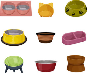 bowl pet food, dog and cat, animal feed, empty plate, dish cartoon icons set vector illustrations