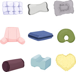 pillow bed white, cushion soft sleep, beedroom comfort, fabric cotton cartoon icons set vector illustrations