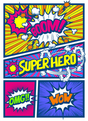 アメコミ風コマ割り素材 Retro pop art comics book magazine, speech bubble, balloon, box message , Super Hero.
