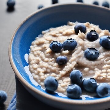 Bowl Of Creamy Oatmeal Porridge In A Bowl With Blueberries. Generative AI