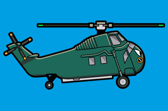 Military helicopter in green on a blue background