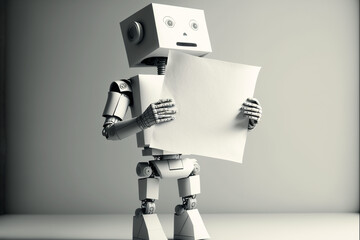 A human like robot standing alone on a plain background holds up a bank sheet of paper with copy space for messages to be added. Generative AI
