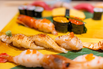 Assorted Japanese sushi in the restaurant