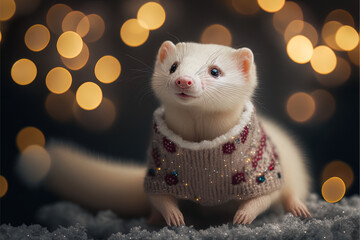 Cute ferret wearing Christmas sweater with yellow bokeh behind, in winter season.