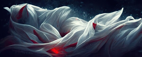 Gauzy white abstract flowing fabric with red accents, generative AI - obrazy, fototapety, plakaty