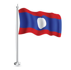 Laotian Flag. Isolated Realistic Wave Flag of Laos Country on Flagpole.