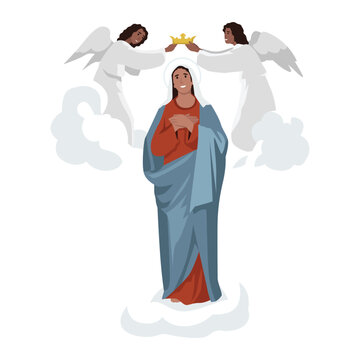 Assumption virgin mary and doves, image. Flat vector illustration isolated on white background