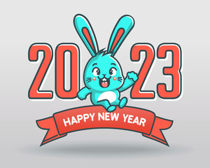 Cute Bunny congratulates on the new 2023 year. New Year 2023 color logo. Vector illustration