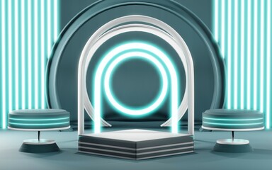 Obraz premium 3D render of Podium background in blue tones for displaying cream products. cosmetics