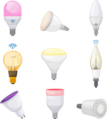 smart light bulb set cartoon. technology lamp, power app solution, creative energy, wireless remote control smart light bulb vector illustration