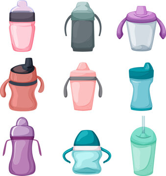sippy cup set cartoon. baby bottle, child kid milk fedding, training sippy cup vector illustration