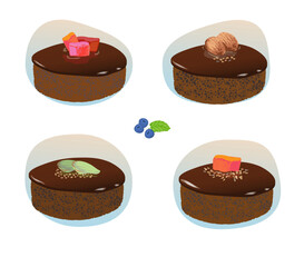 Set of chocolate cakes with nuts and candied fruits isolated on a white background.