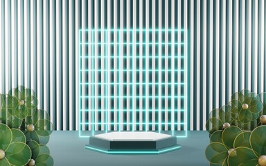 3D render of Podium background in blue tones for displaying cream products. cosmetics