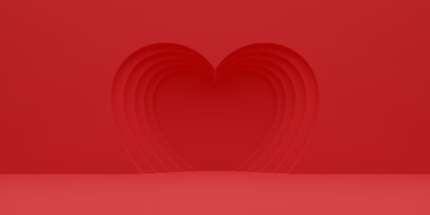 Love Valentine background concept for product presentation. Red heart 3d shape background with empty space for product. 3d render illustration. 