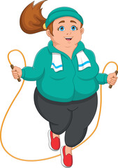 happy fat woman exercising jump rope cartoon
