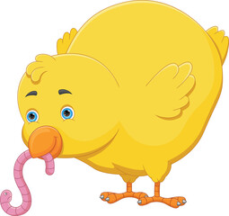 Little chick eating worm cartoon
