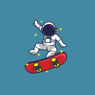 astronaut playing skateboard ,cartoon vector illustraton.flat style.suitable for wallpaper,sticker,design t-shirt,etc.