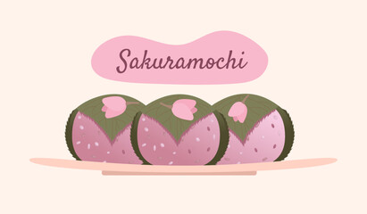 Sakuramochi illustation. Japanese rice cake wrapped in a pickled cherry blossom, sakura leaf. Vector illustration. Cartoon style.