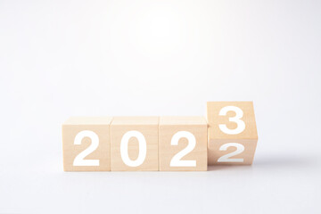 2023 business growing growth concept to success. woods block step with icon concept about business strategy, Action plan, Goal and target, hand stack, project, vision.